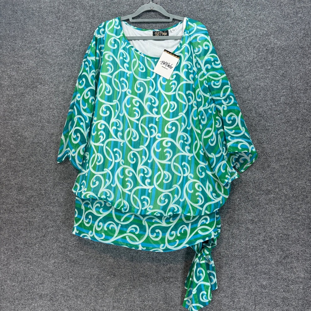 Bob Mackie Top Womens 2X Green Print Side Tie Layered Blouse Wearable Art NEW